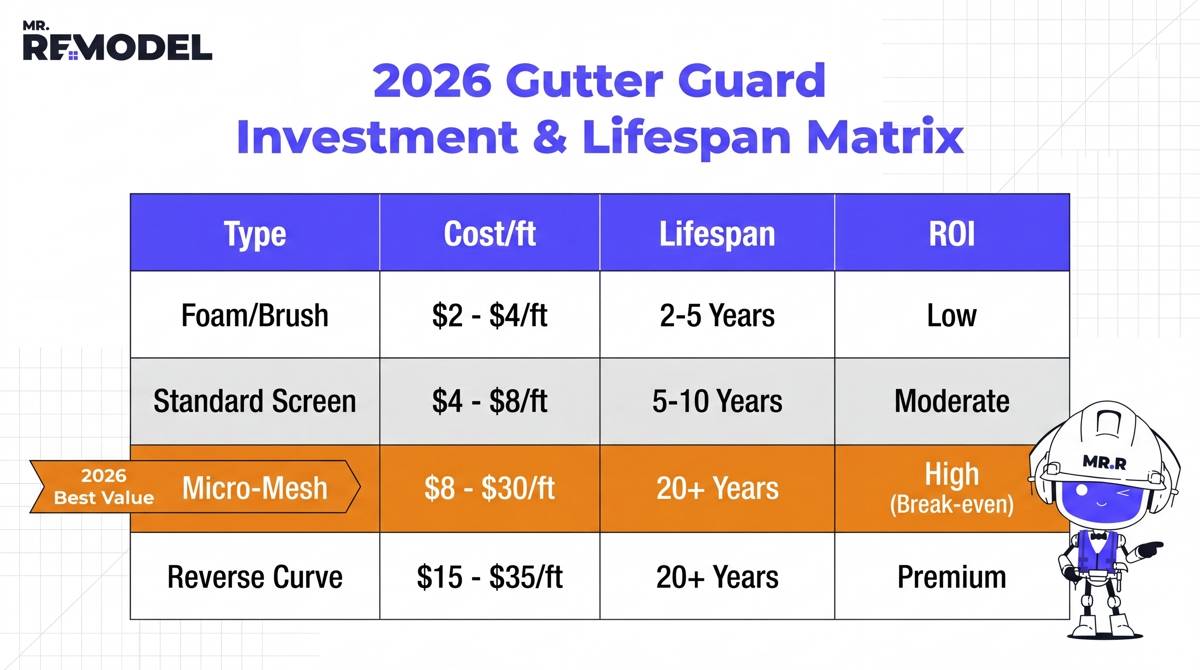 A technical data table comparing 2026 costs, expected lifespans, and ROI for different types of gutter guards.